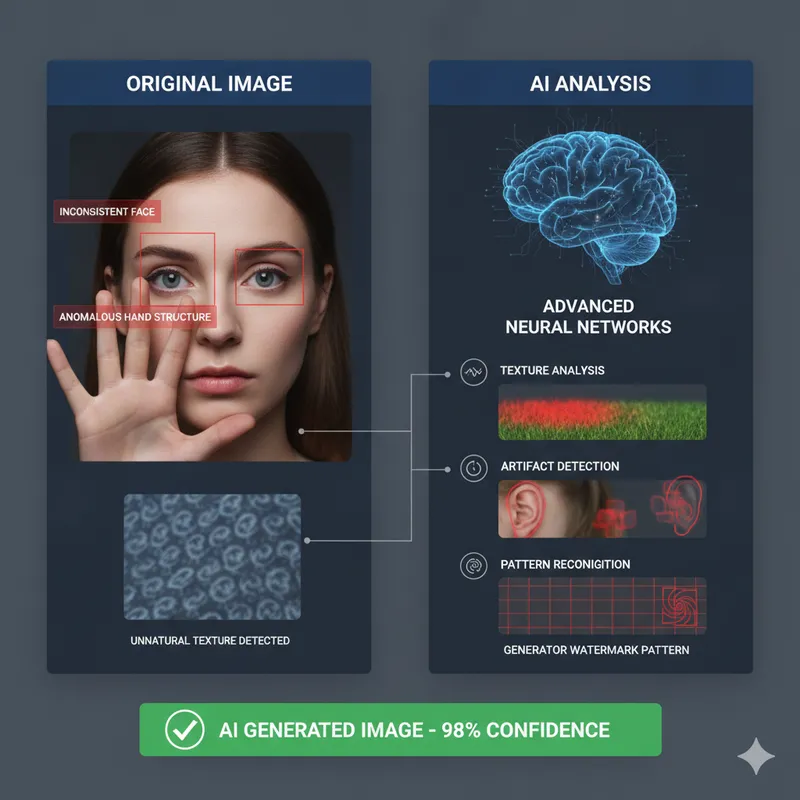 AI image detector analysis showing texture analysis, artifact detection, and pattern recognition
